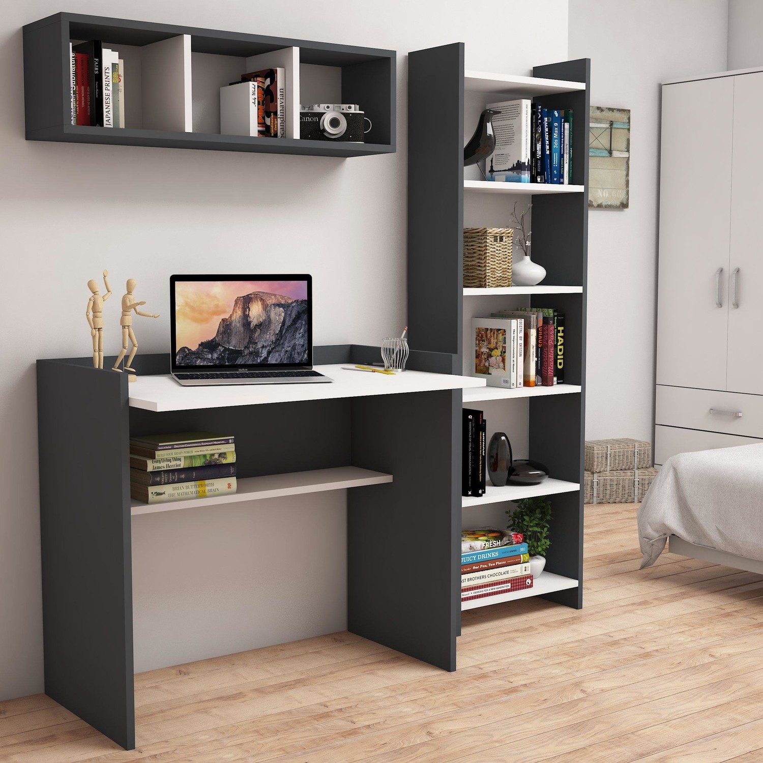 10679277912114.jpg Bimossa Mahidevran Kitaplık ve Raflı Çalışma Masası Antrasit Beyaz - Görsel 1
