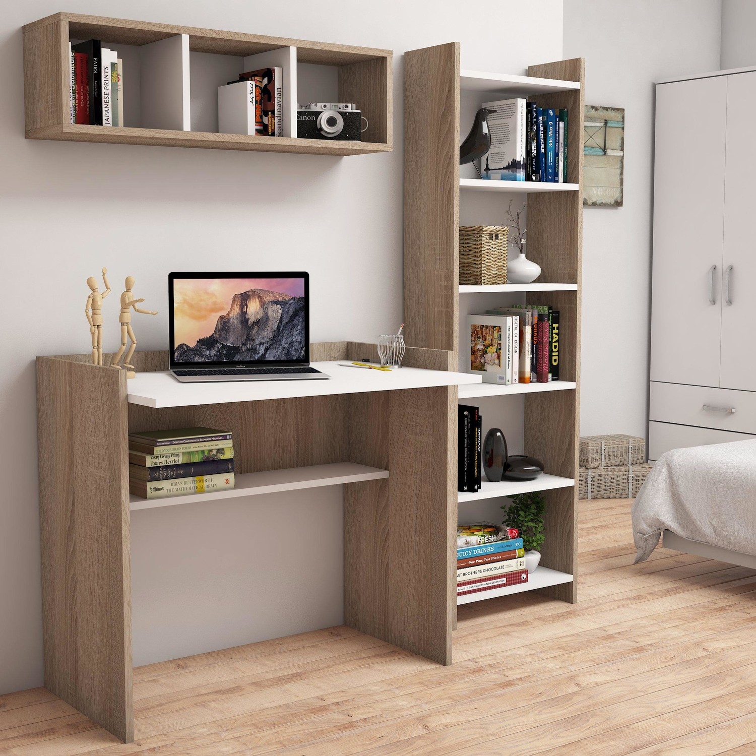 10679278010418-2.jpg Bimossa Mahidevran Kitaplık ve Raflı Çalışma Masası Ceviz Beyaz - Görsel 1