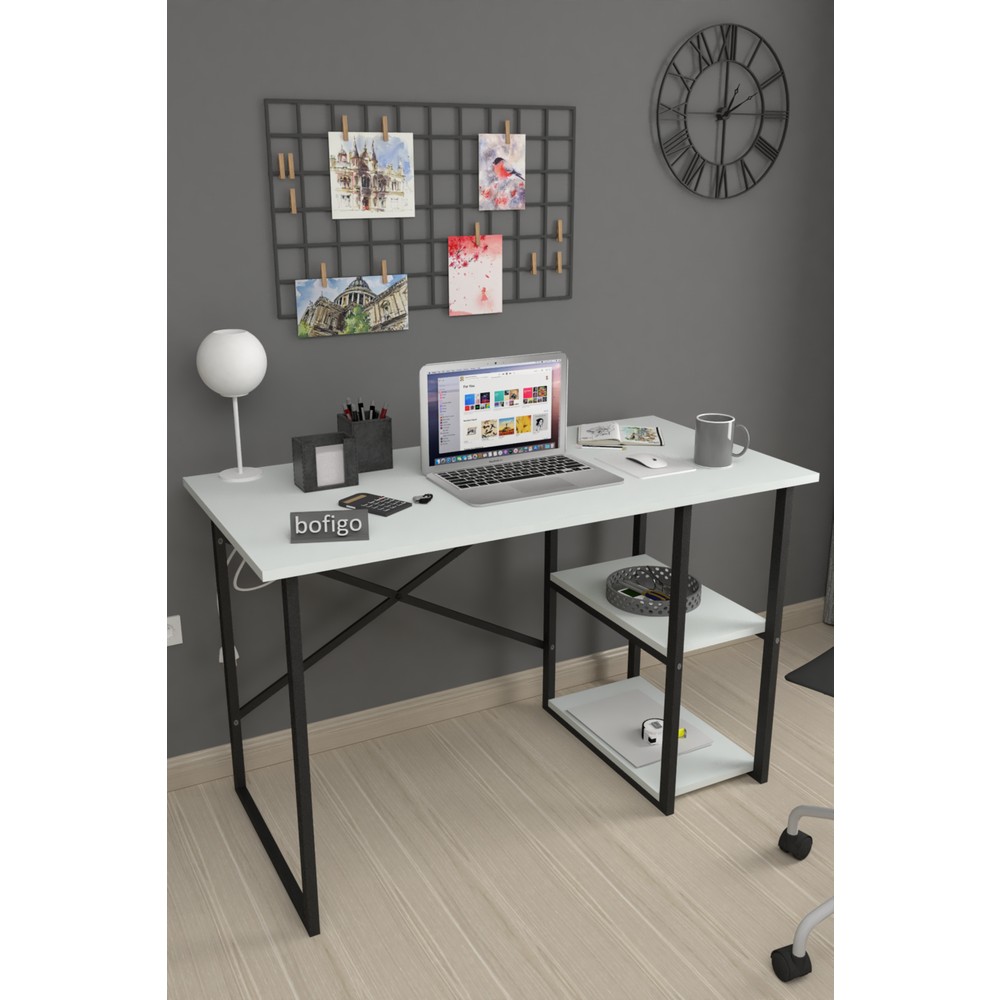 110000011221610.jpg Bofigo 60X120 cm 2 Raflı Çalışma Masası Bilgisayar Masası Ofis Ders Yemek Masası Beyaz - Görsel 1