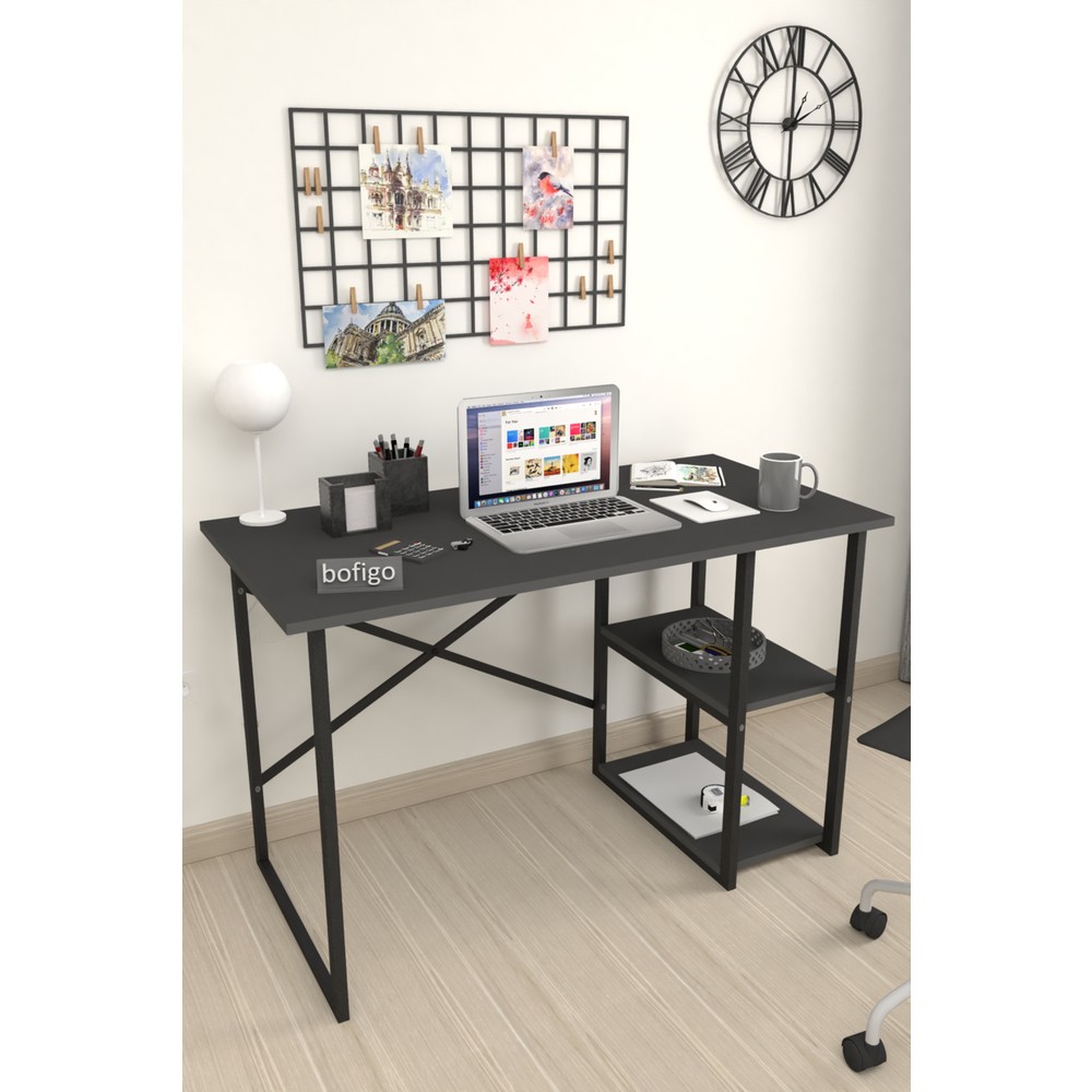 110000082238737.jpg Bofigo 60X120 cm 2 Raflı Çalışma Masası Bilgisayar Masası Ofis Ders Yemek Masası Antrasit - Görsel 1
