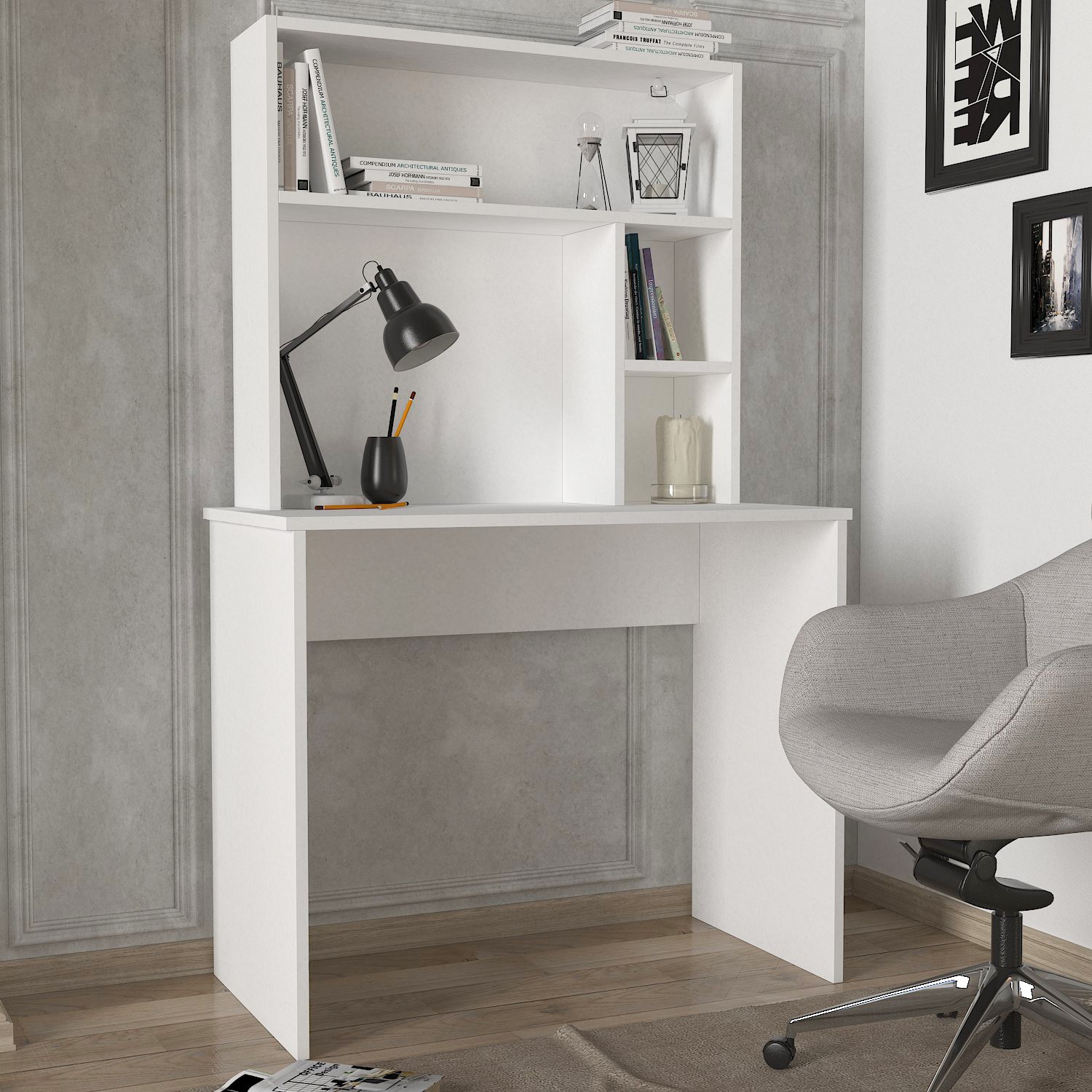 110000261842418.jpg Dorpek Harris Raflı Arka Panelli Çalışma Masası Beyaz - Görsel 1