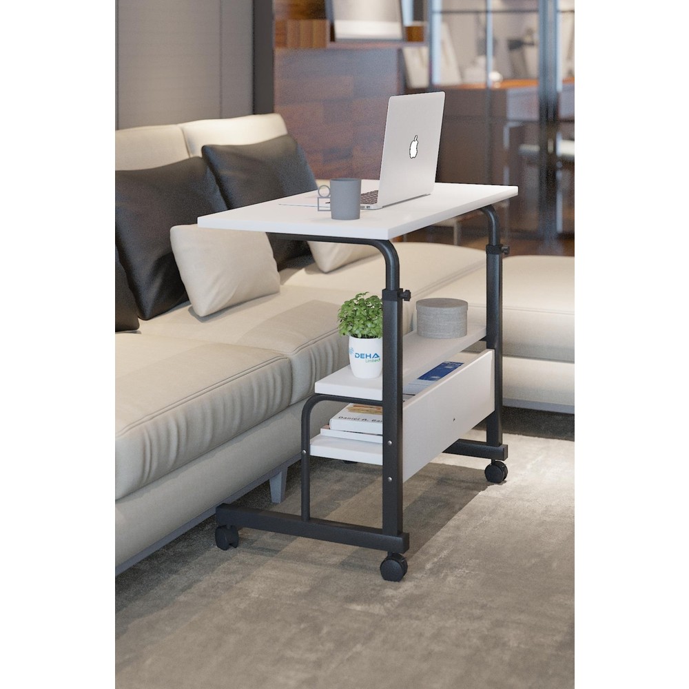 110000310642868.jpg Dehalimited 80X40 Yükseklik Ayarlı Raflı Kilitli Tekerlekli Taşınabilir Laptop Sehpası ve Çalışma Masası - Görsel 1