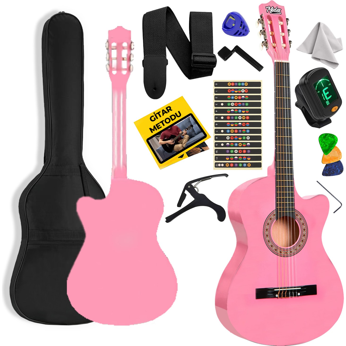 110000533833871-4.jpg Midex CG-395PK Pembe Renk Kesik Klasik Gitar 4/4 Yetişkin Boy Sap Ayarlı Full Set - Görsel 1