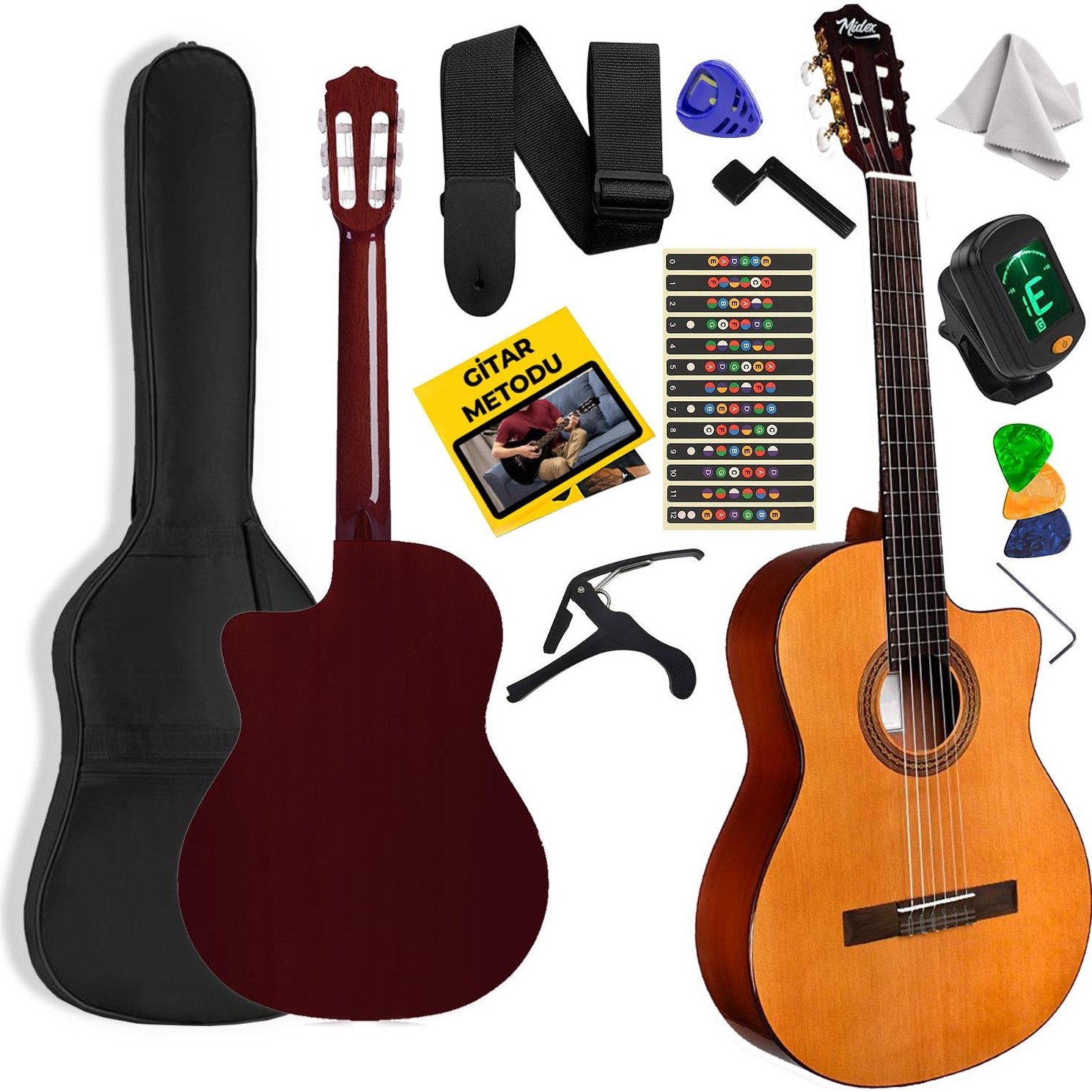 110000592519015.jpg Midex CG-395YL Klasik Gitar 4/4 Kesik Kasa Full Set (Çanta Askı Tuner Metod Pena) - Görsel 1
