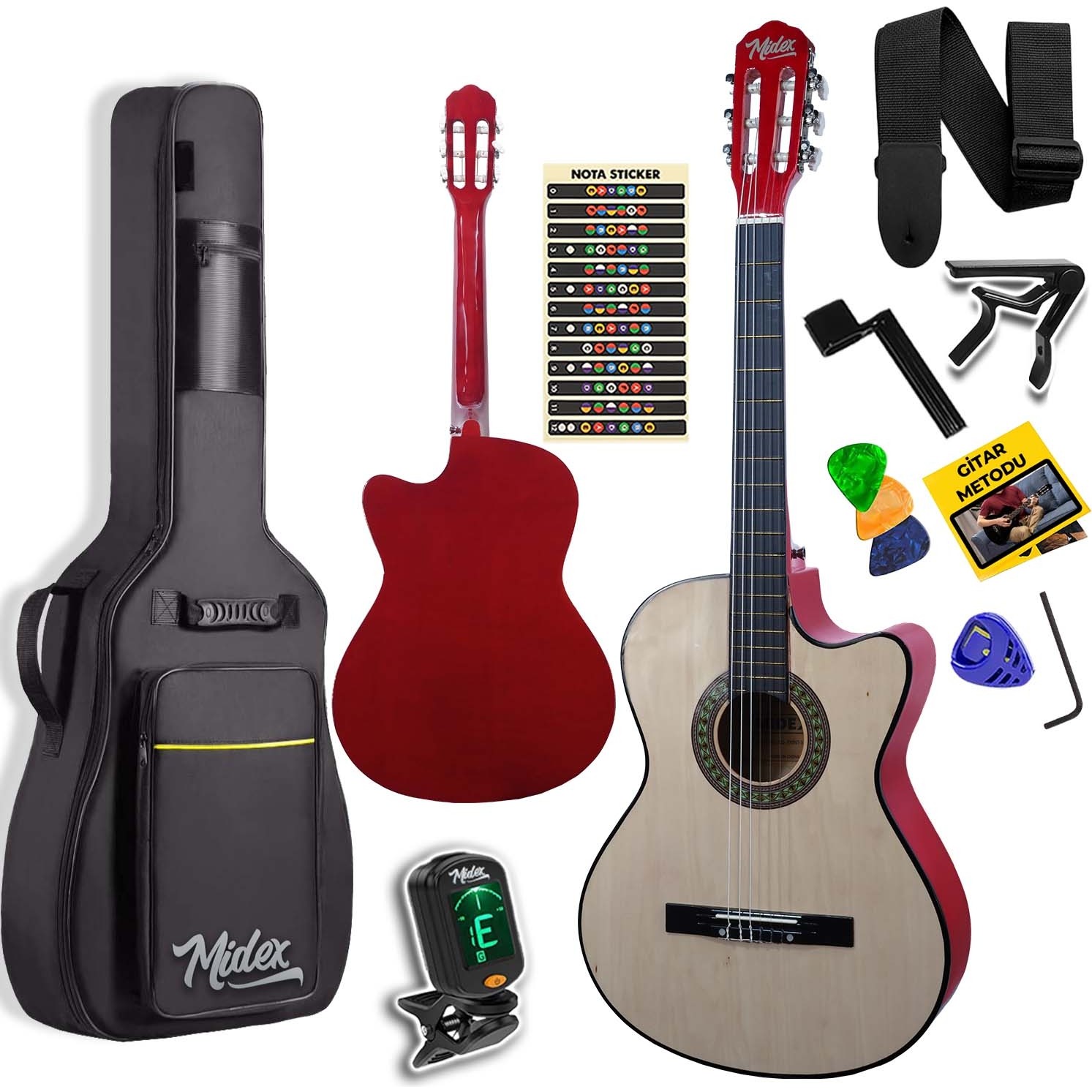110000601309099.jpg Midex CG390NT-XBAG Klasik Gitar 4/4 Sap Ayarlı Kesik Kasa + Çanta - Tuner - Askı - Capo - Metod - Pena - Görsel 1