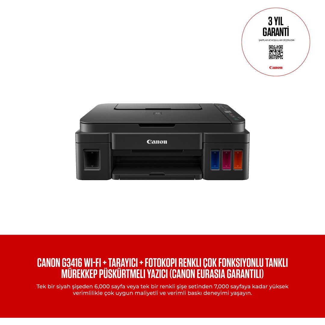 110000688448456.jpg Canon G3416 Wi-Fi + Tarayıcı + Fotokopi Renkli Çok Fonksiyonlu Tanklı Mürekkep Püskürtmeli Yazıcı (Canon Eurasia Garantili) - Görsel 1