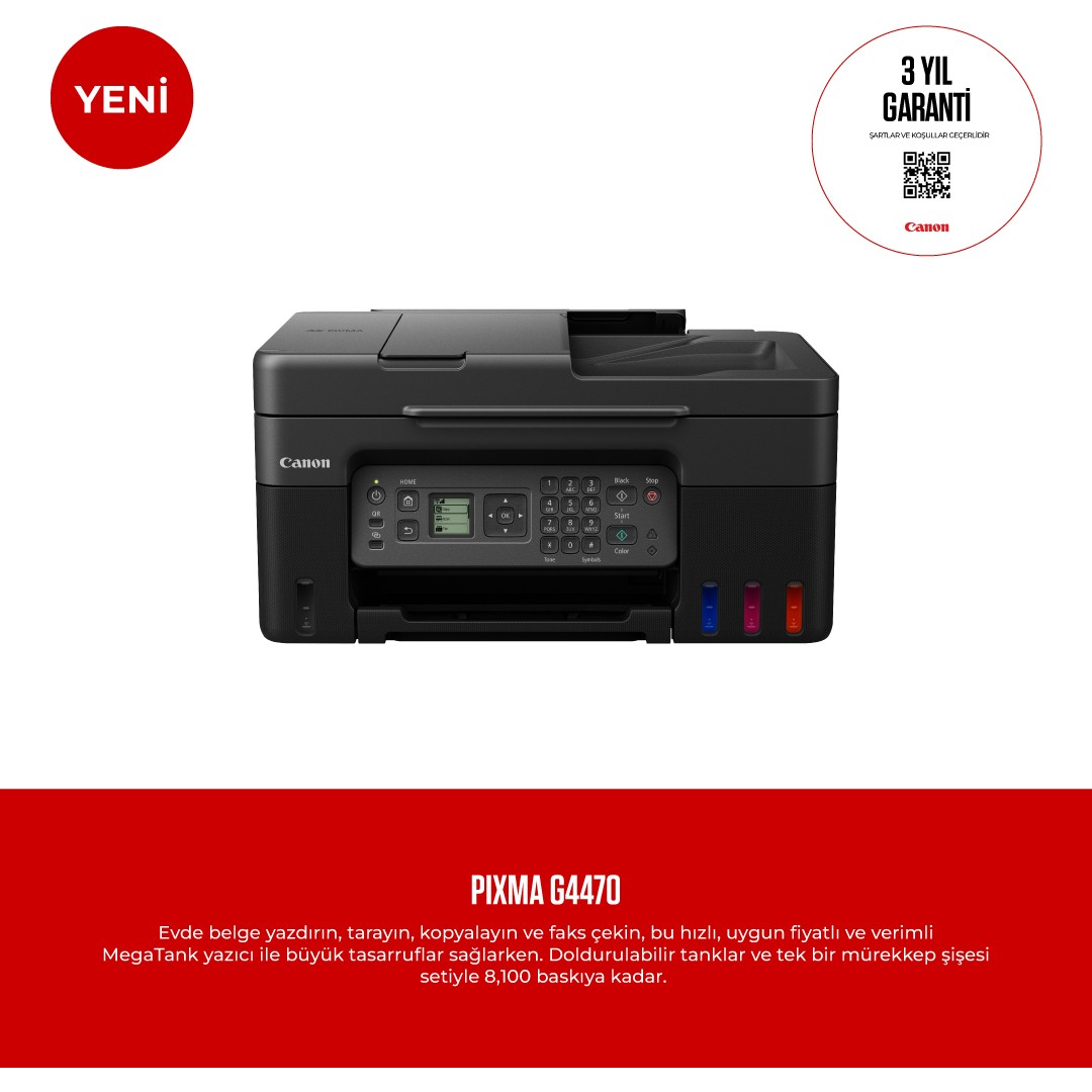110000693734511.jpg Canon PIXMA G4470 Çok Fonksyonlu Renkli Mürekkep Tanklı Yazıcı/ Fotokopi + Tarama + Faks/ Wifi/ Airprint (Canon Eurasia Garantili) - Görsel 1