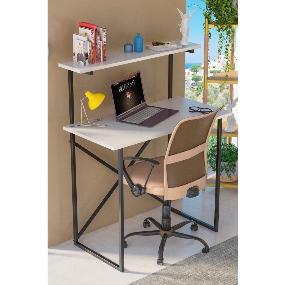 110000764882879.jpg Gold Falez Çalışma Masası Raf Kitaplık Çok Amaçlı Ofis Masa Beyaz - Görsel 1