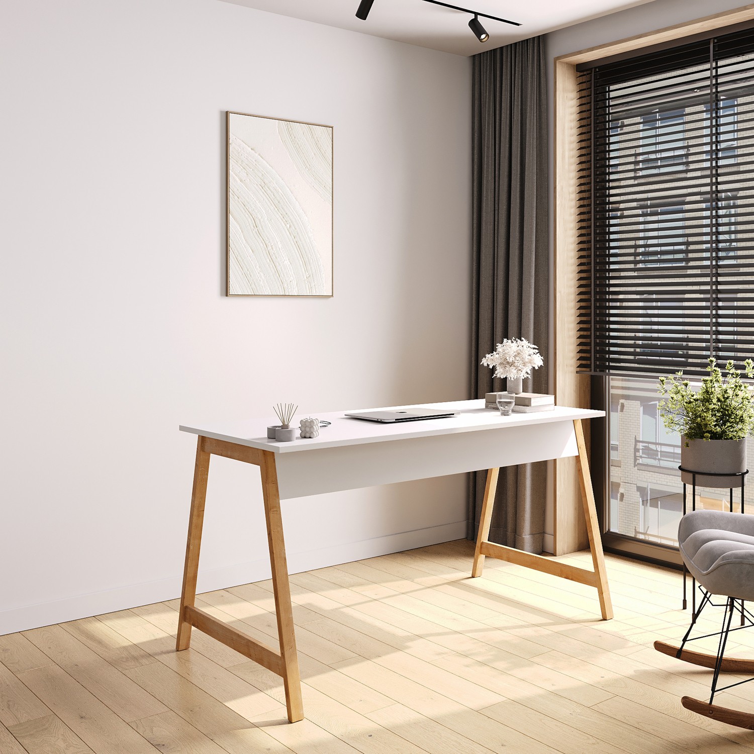 110000917087623.jpg Lagomood Denge Çalışma Masası 120 cm Beyaz Meşe - Görsel 1