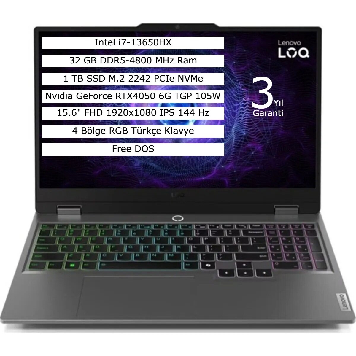 110001005479291.jpg Lenovo Loq 15IRX9 Intel Core I7 13650HX 32GB 1tb SSD 6gb RTX4050 Freedos 15.6" Fhd Taşınabilir Bilgisayar 83DV00WRTR - Görsel 1