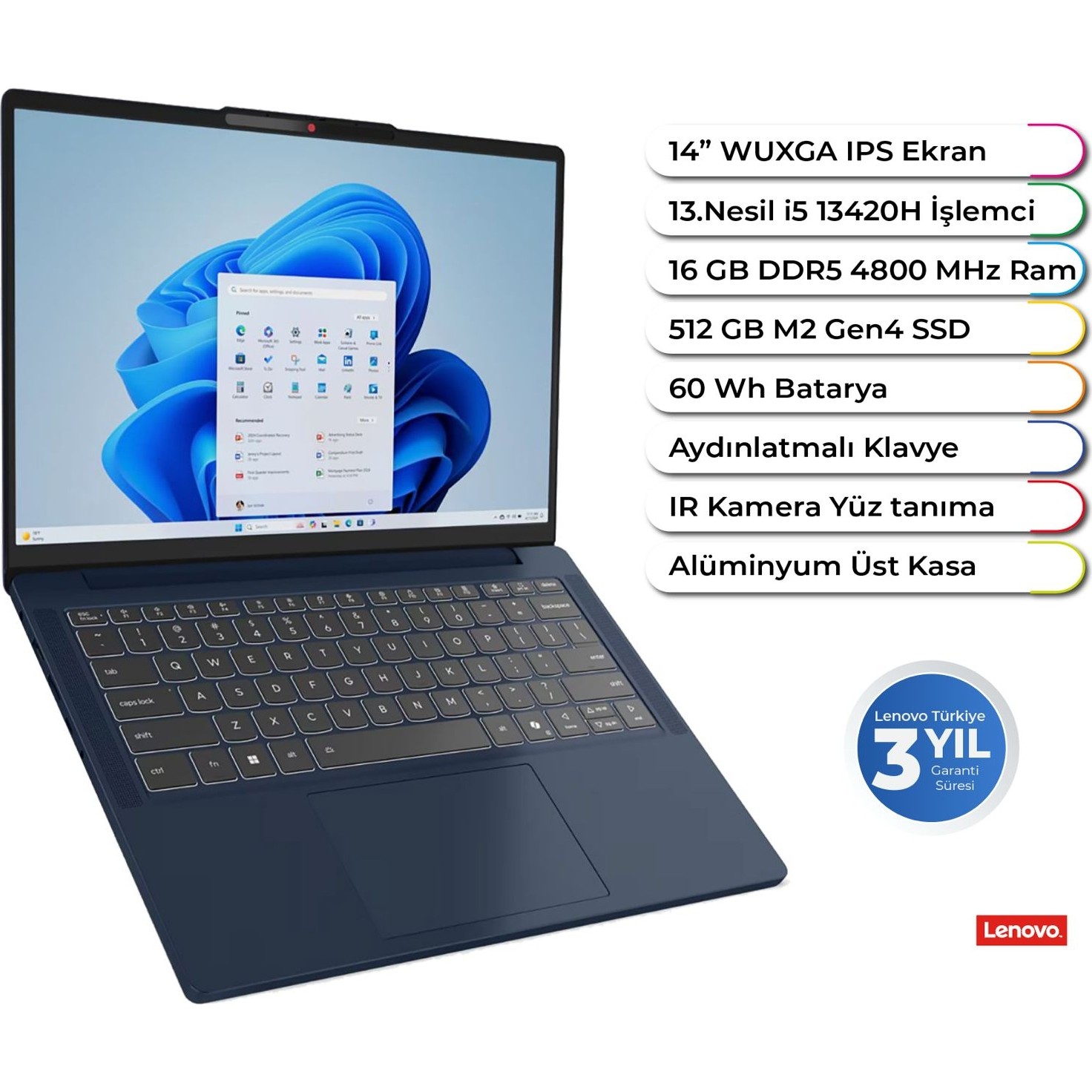 110001063463906.jpg Lenovo Ideapad Slim 3 14IRH10 Intel I5 13420H Ddr5 16 GB 512 GB Freedos 14 Inç Wuxga Aydınlatmalı Klavye - Görsel 1