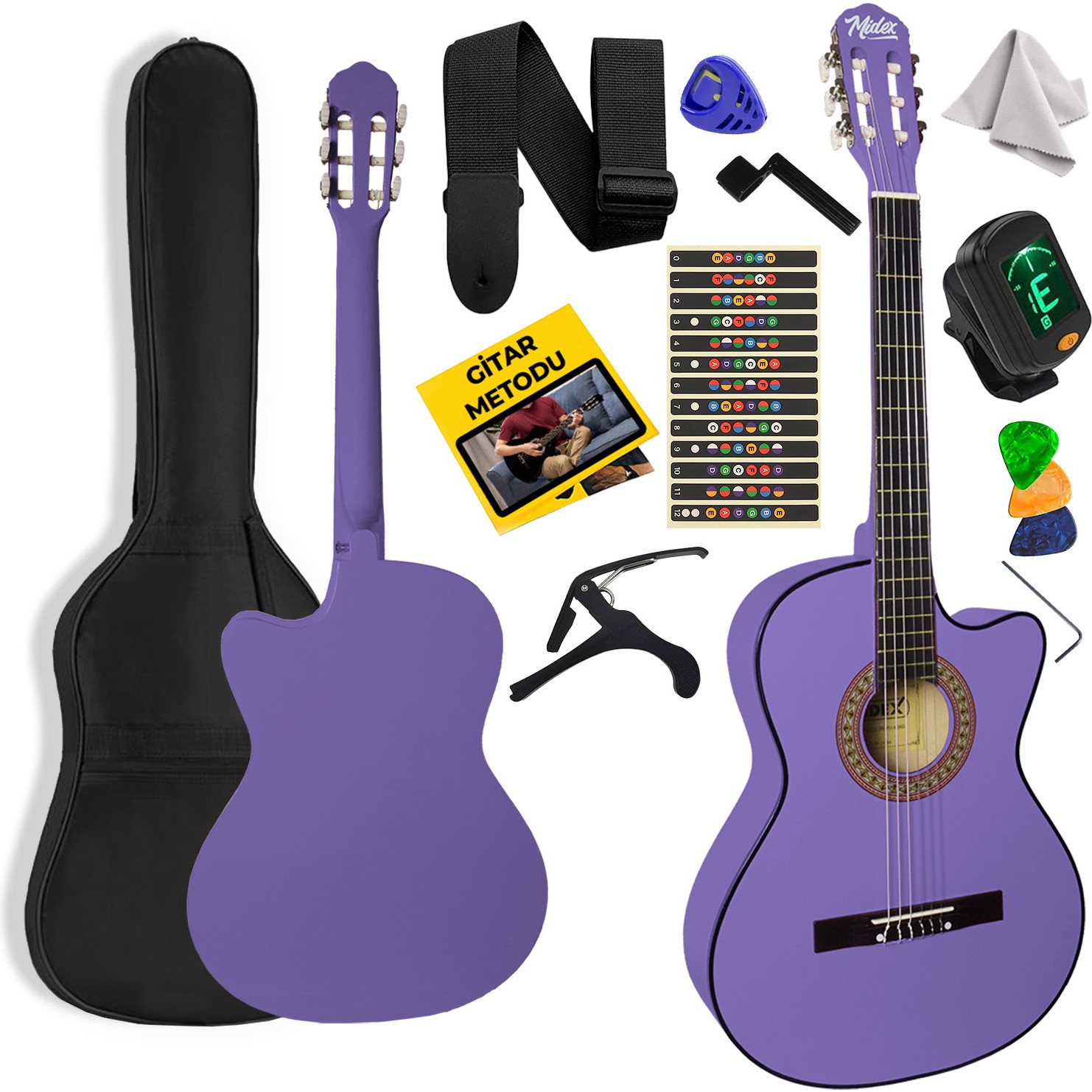 110001067931776-4.jpg Midex CG-395PRP Klasik Gitar 4/4 Sap Ayarlı Kesik Kasa Full Set (Çanta Askı Tuner Metod Pena) - Görsel 1