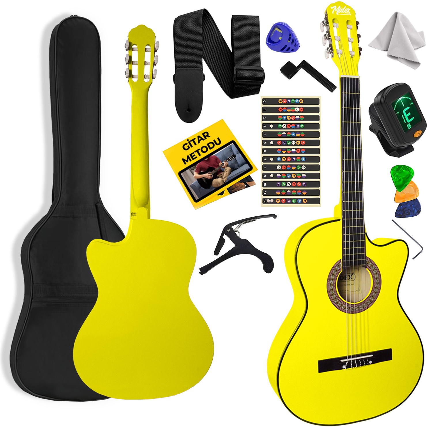 110001067944649-12.jpg Midex CG-395YLW Klasik Gitar 4/4 Sap Ayarlı Kesik Kasa Full Set (Çanta Askı Tuner Metod Pena) - Görsel 1