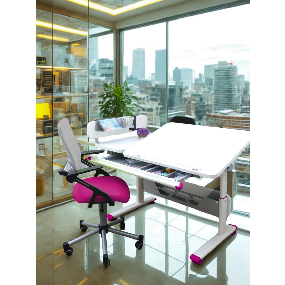 110001086100582.jpg Creo Mobili Yükseklik ve Eğim Ayarlı Öğrenci Masası + Sandalye - Beyaz/Fuşya - Vega Advanced - Görsel 1
