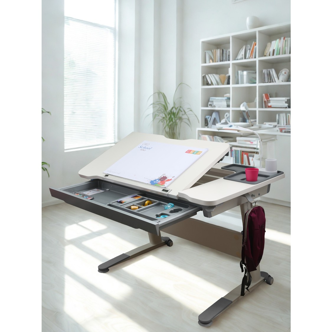 110001088645915.jpg Creo Mobili Yükseklik ve Eğim Ayarlı, Çekmeceli, Sirius Basic Çalışma Masası 120x75 cm, Beyaz/Gri - Görsel 1