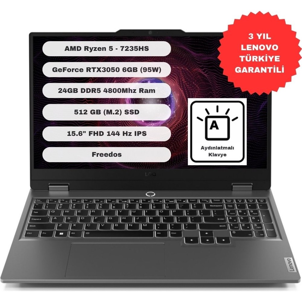 110001097910711.jpg Lenovo LOQ Ryzen 5 7235HS 24GB 512GB SSD 15.6" FHD 144Hz RTX 3050 6GB GDDR6 FreeDOS 83JC00DXTR - Görsel 1