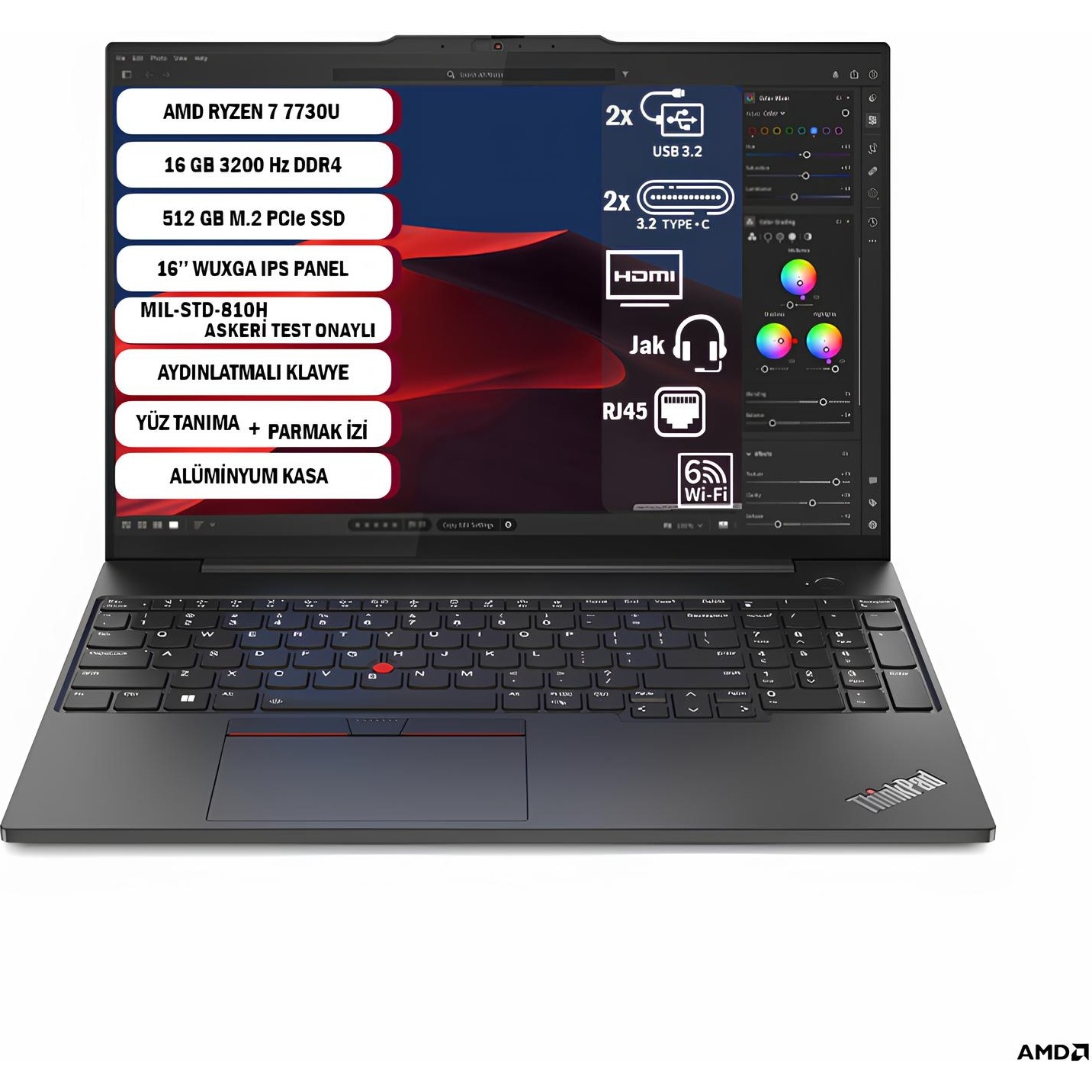 110001160104405.jpg Lenovo ThinkPad E16 Gen 1 AMD Ryzen 7 7730U 16 GB 512 GB SSD 16" WUXGA IPS FreeDos 21JT0017TX - Görsel 1
