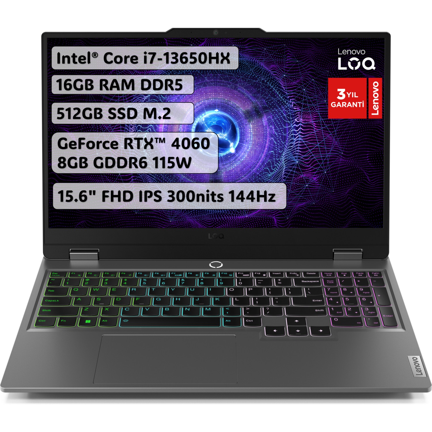 110001165284068.jpg Lenovo LOQ Intel Core i7 13650HX 16GB 512GB SSD RTX4060 Freedos 15.6" Fhd 144Hz Taşınabilir Bilgisayar 83DV00WVTR - Görsel 1