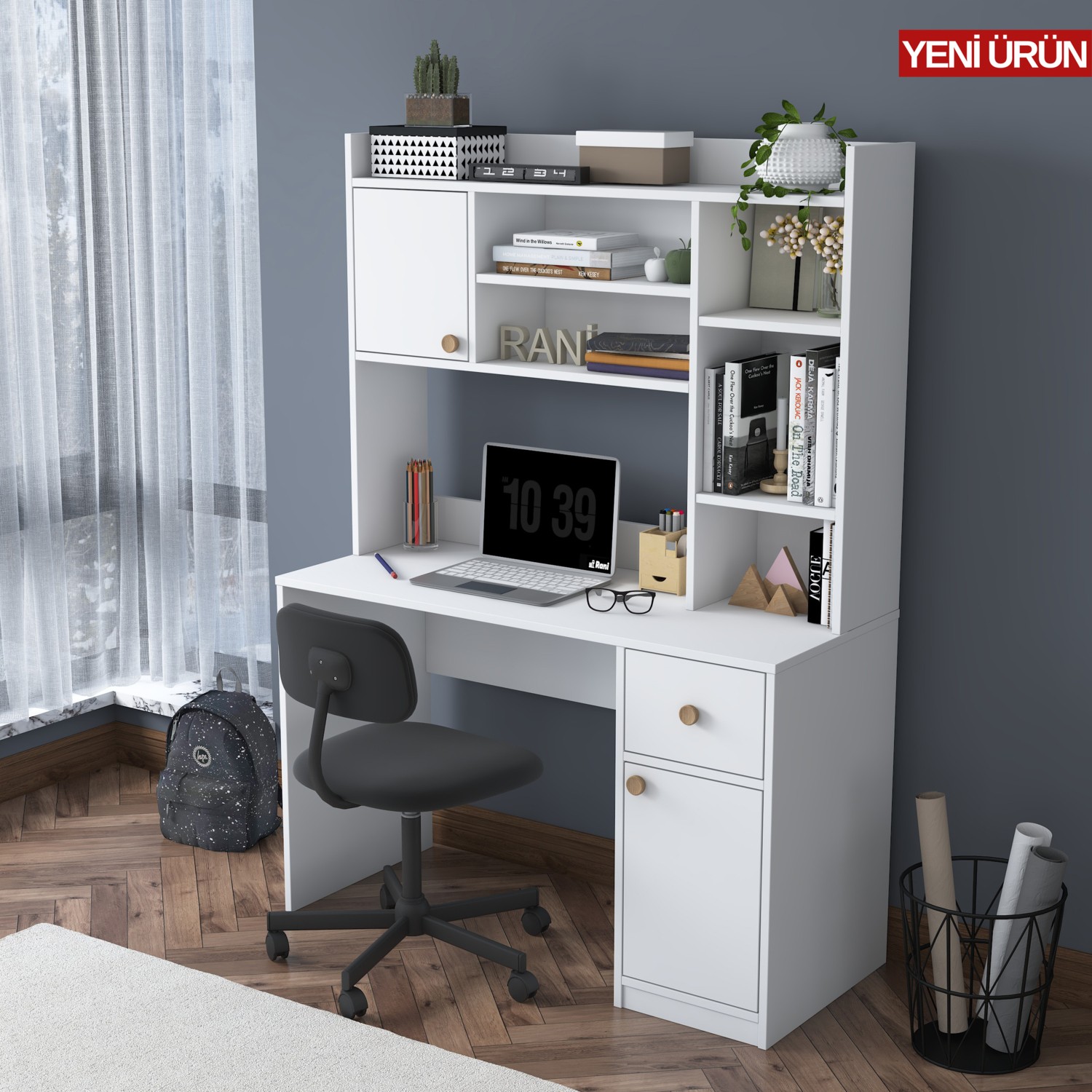 110001172104024.jpg Rani HA128 Kitaplıklı Raflı 2 Kapaklı 1 Çekmeceli Çalışma Ofis Bilgisayar Masası Beyaz - Görsel 1