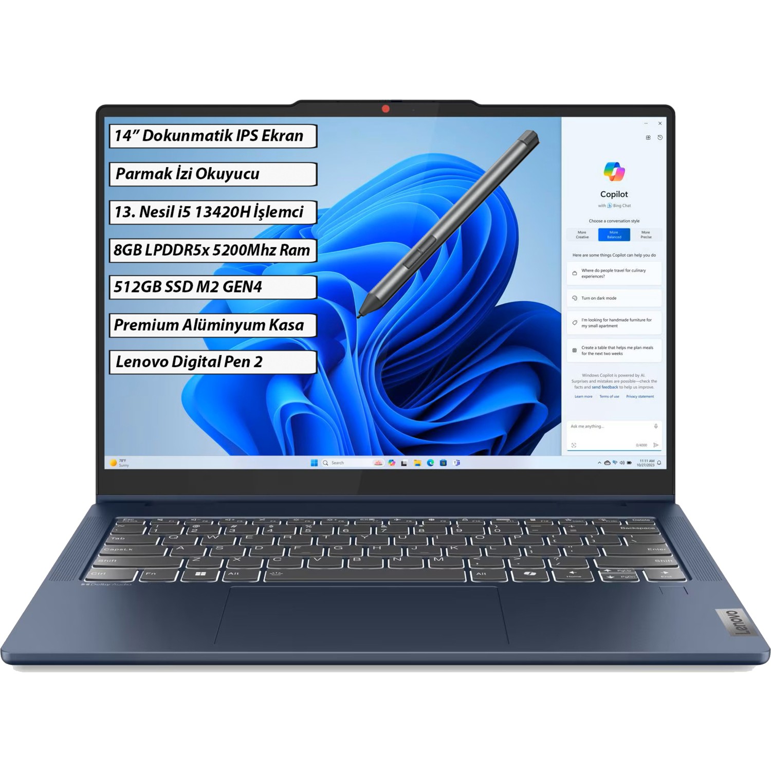 110001184027534.jpg Lenovo IdeaPad 5 2-in-1 14IRH9 Intel Core i5 13420H 8GB 512GB SSD Windows 11 Home 14" WUXGA Dokunmatik Taşınabilir Bilgisayar 83KX005CTR + Lenovo Kalem - Görsel 1
